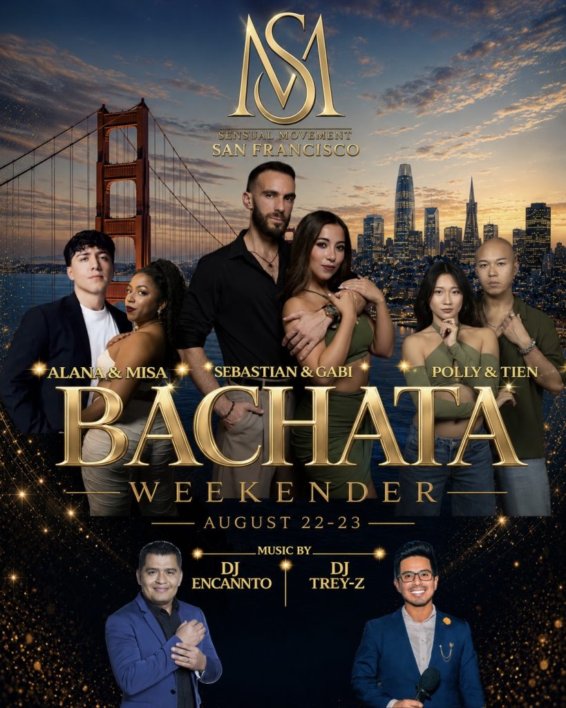 Promotional Bachata Weekend poster with six dancers in front of the San Francisco skyline at sunset and bold gold text saying ‘BACHATA WEEKENDER’ under the names of the performers.